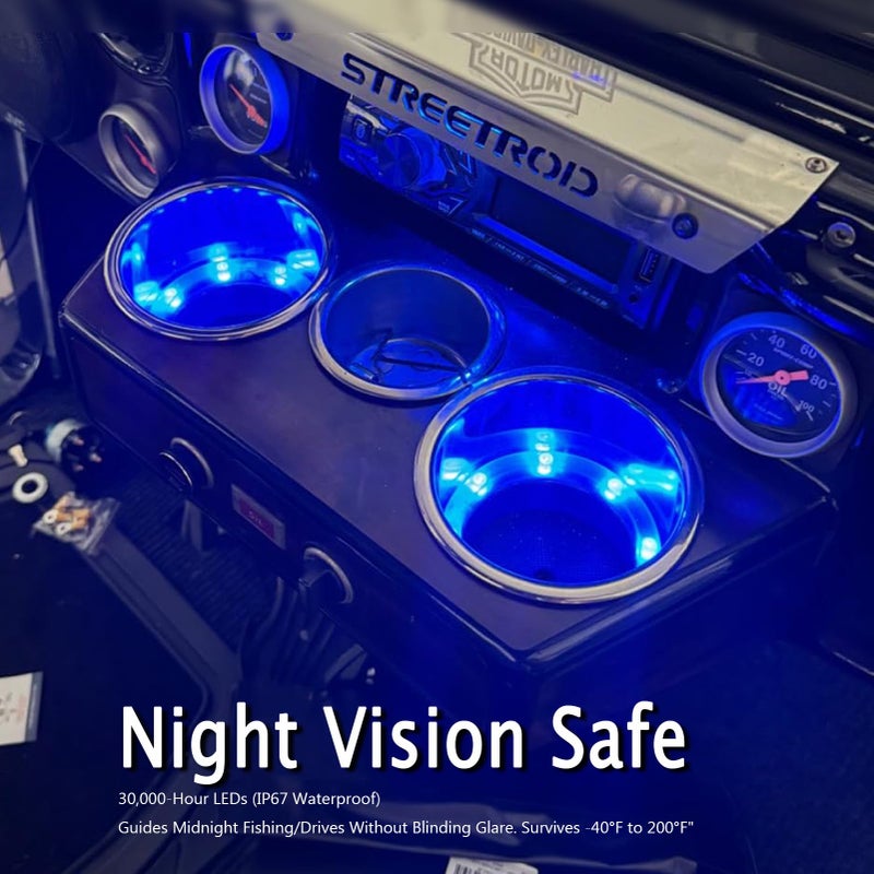 Pebbly Beach Boat Cup Holders LED 4 PCS, Marine Cup Holders for Boats, Stainless Steel Cup Holder Insert, 4" OD x 3-1/8" D, Spill-Proof & Night Mood Lighting for Boats, RVs, Trucks(Elegant Blue) - Image 2